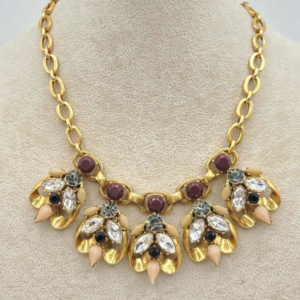 J Crew Vintage Neutral Crystal Gold Tone Statement Necklace